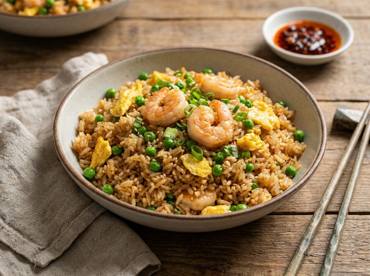 Riso saltato con gamberi e piselli alla cantonese
